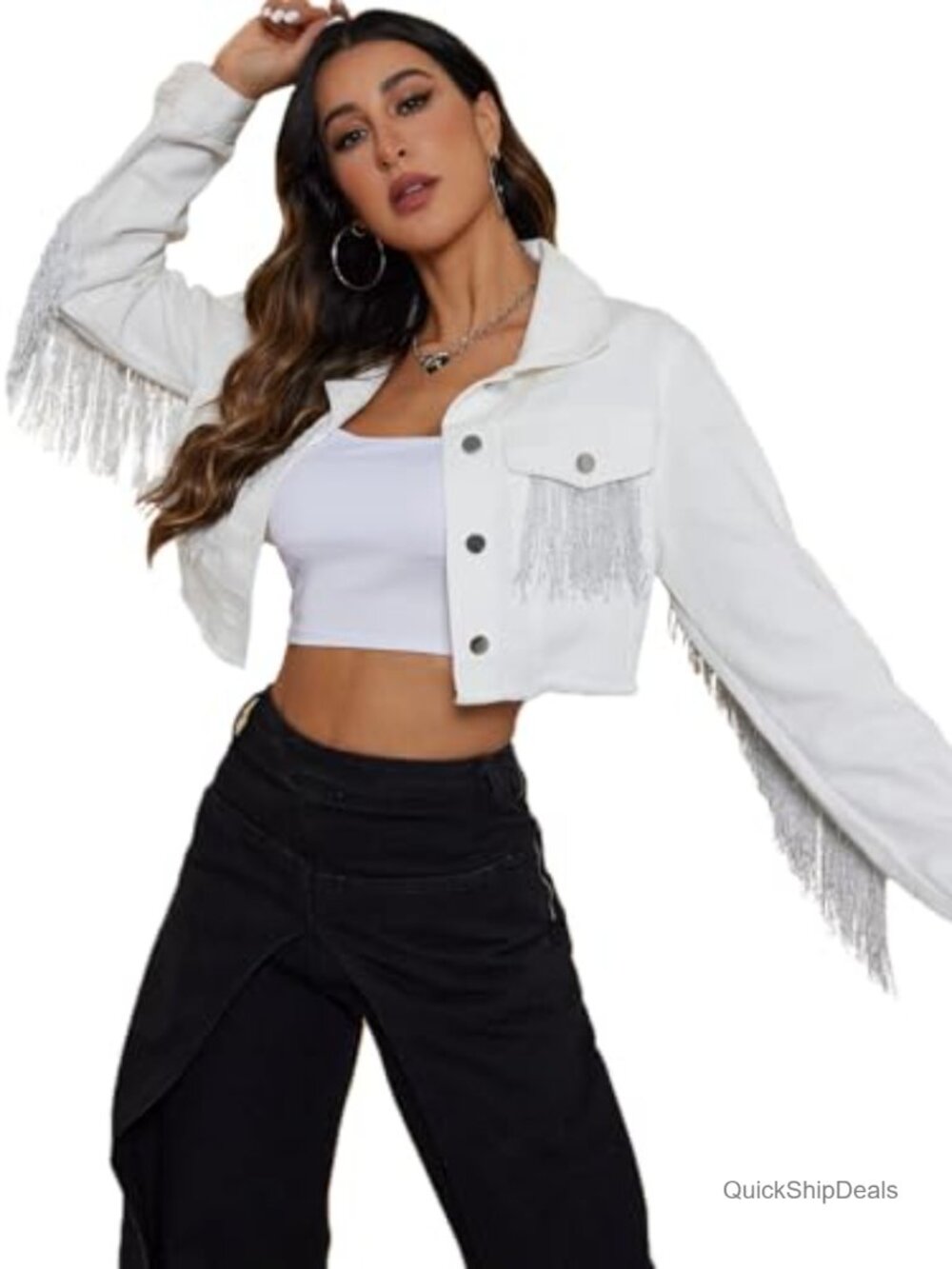 Womens Crop Denim Jacket Fringe Tassel Casual Jean Coat Button Front